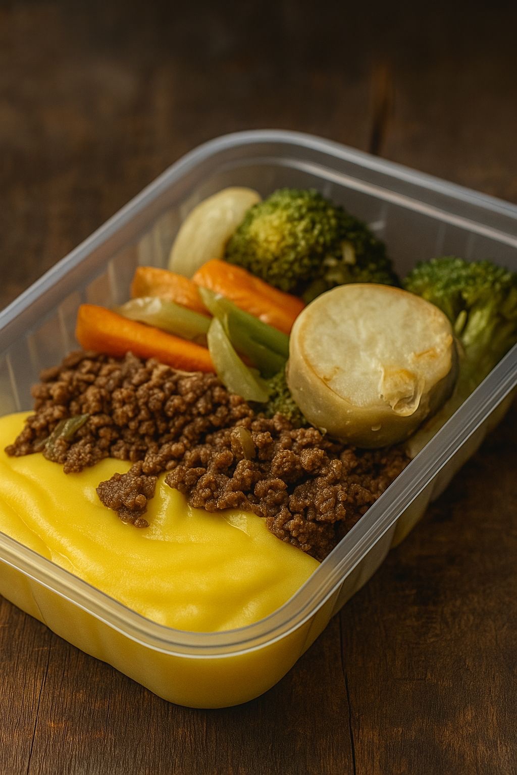 Purê de mandioquinha, carne moída e legumes