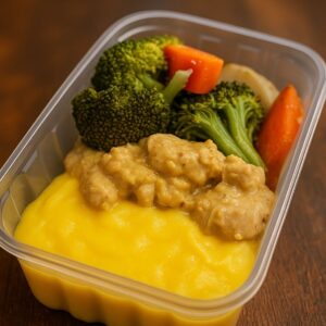 Legumes, Frango com Creme de Milho e Purê de Mandioquinha
