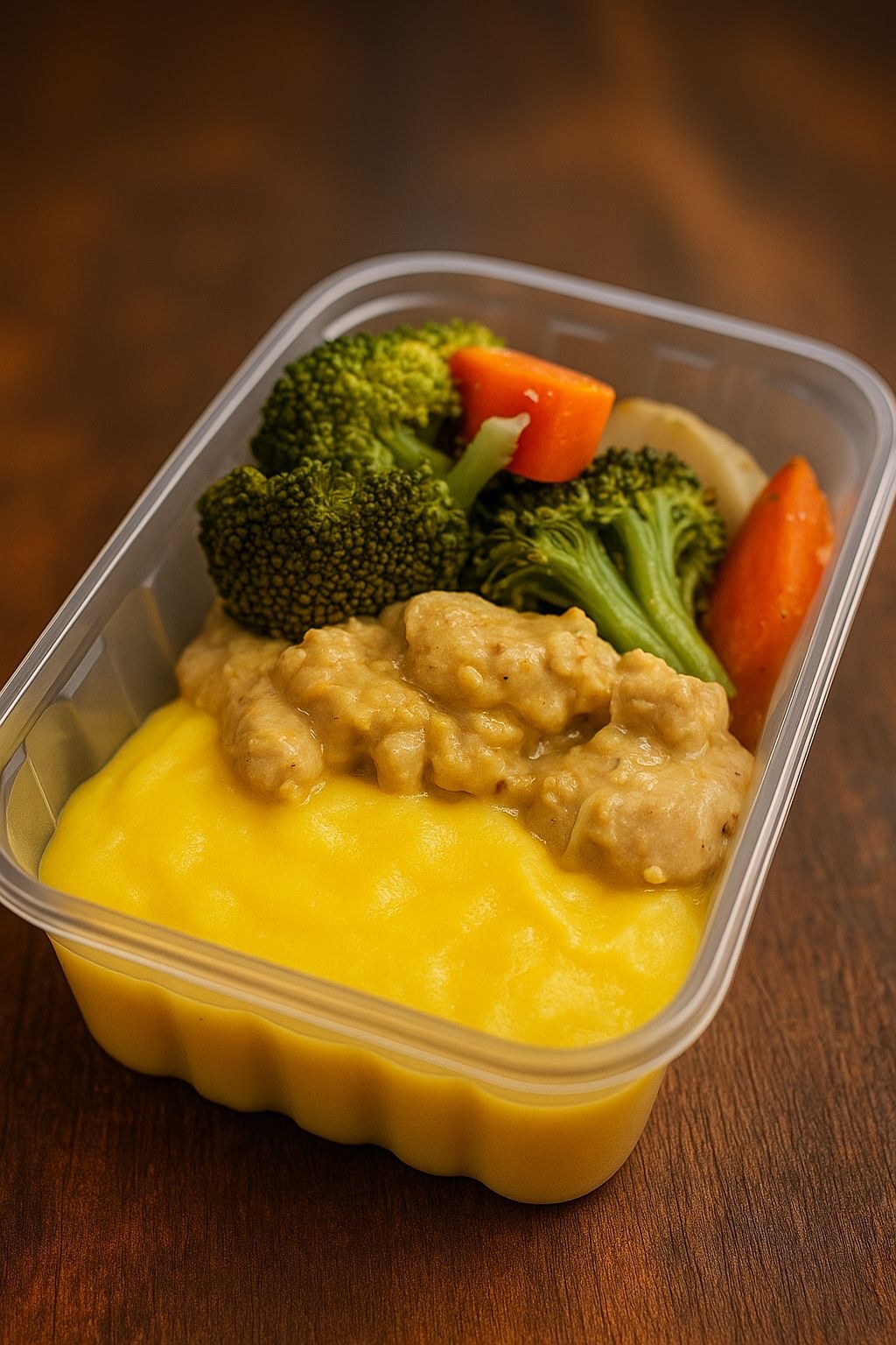 Legumes, Frango com Creme de Milho e Purê de Mandioquinha